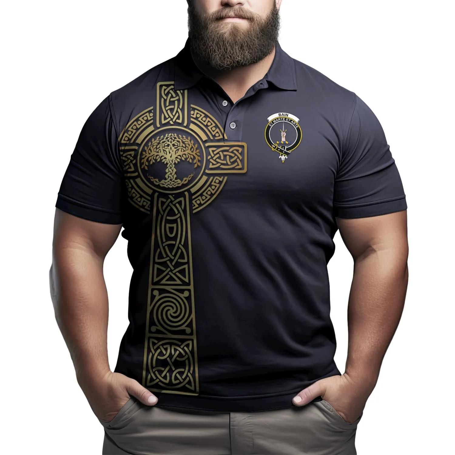 Bain Clan Polo Shirt with Golden Celtic Tree Of Life