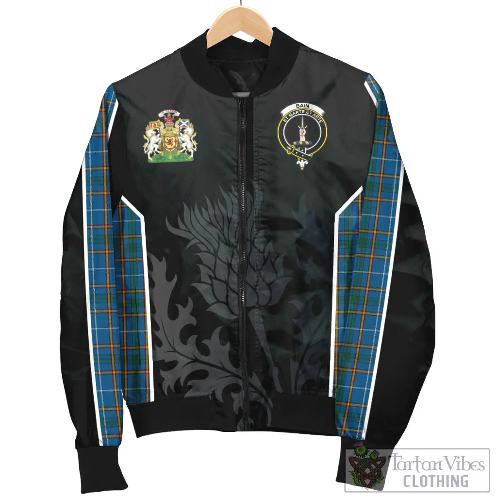 Bain Tartan Bomber Jacket with Family Crest and Scottish Thistle Vibes Sport Style