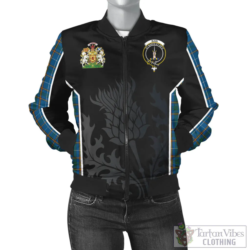 Bain Tartan Bomber Jacket with Family Crest and Scottish Thistle Vibes Sport Style