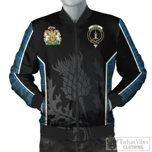 Bain Tartan Bomber Jacket with Family Crest and Scottish Thistle Vibes Sport Style