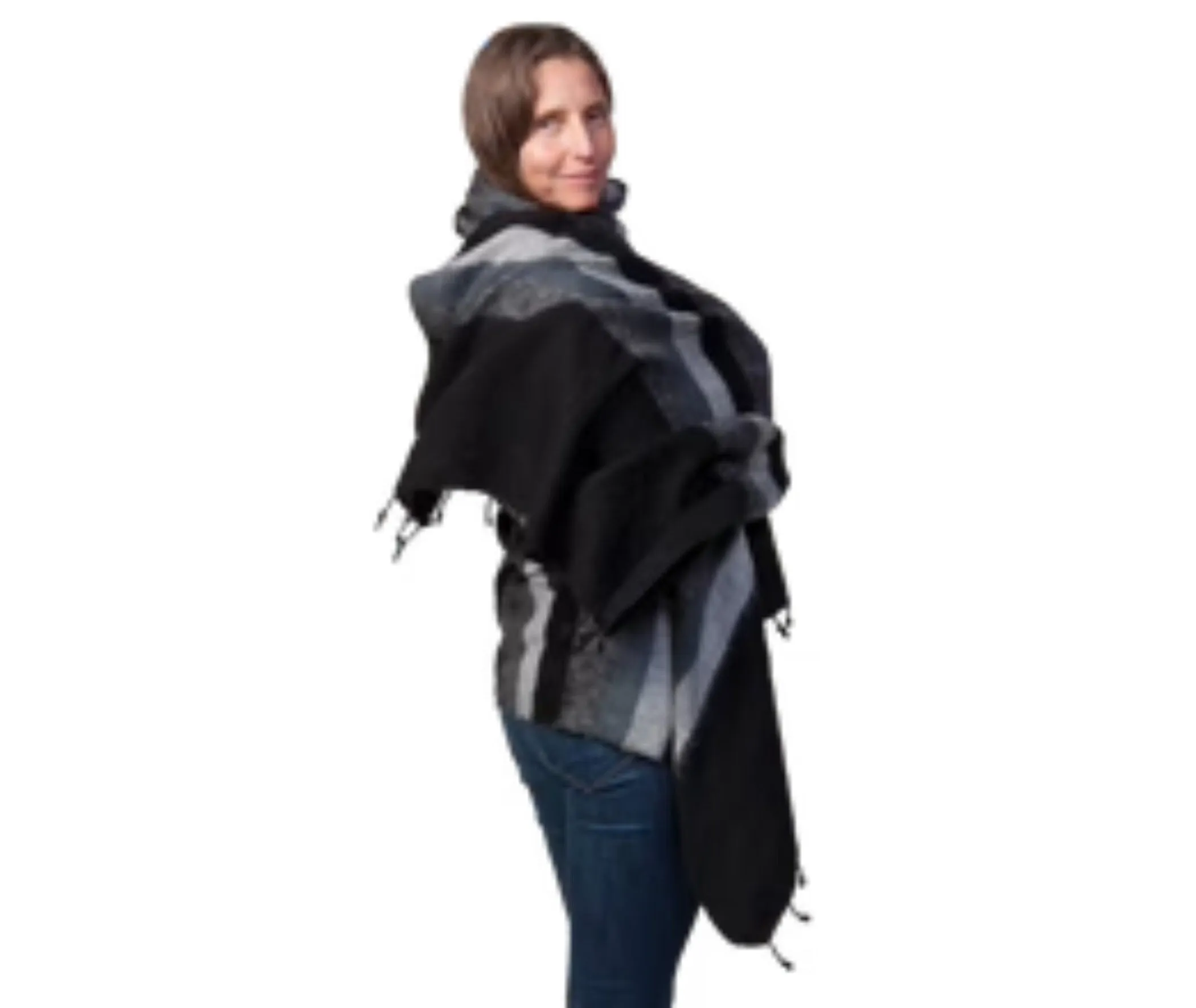 Beautiful Hypoallergenic Shawl, Black and Grey Stripe Vegan Scarf, Cotton and Acrylic, Stunning Winter Accessory