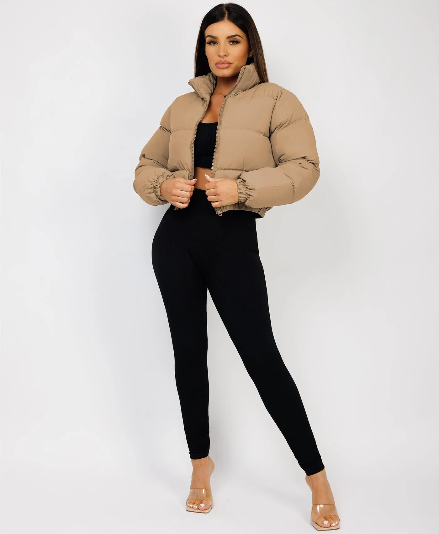 Beige Solid Front Zipper Cropped Padded Puffer Jacket