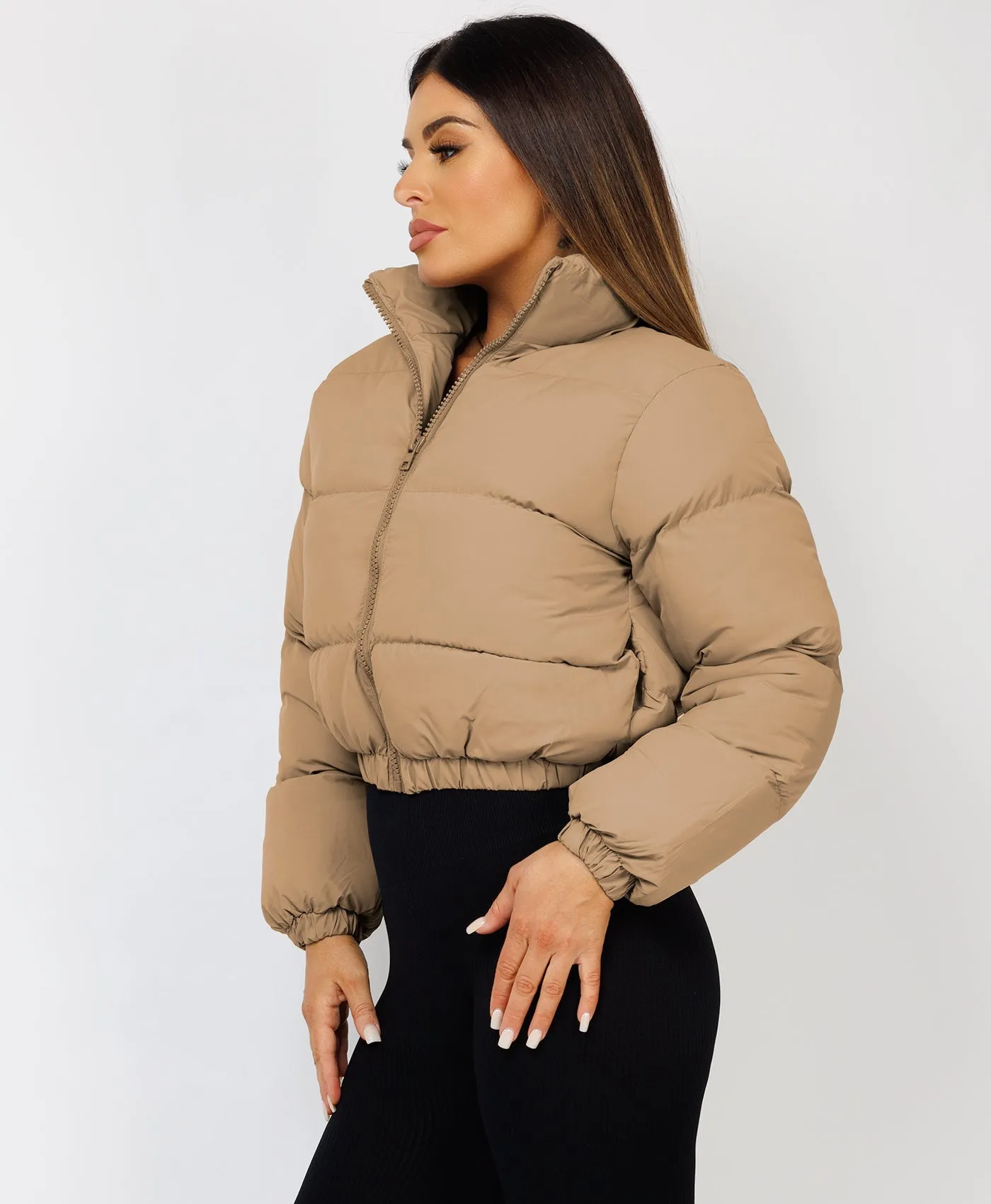 Beige Solid Front Zipper Cropped Padded Puffer Jacket