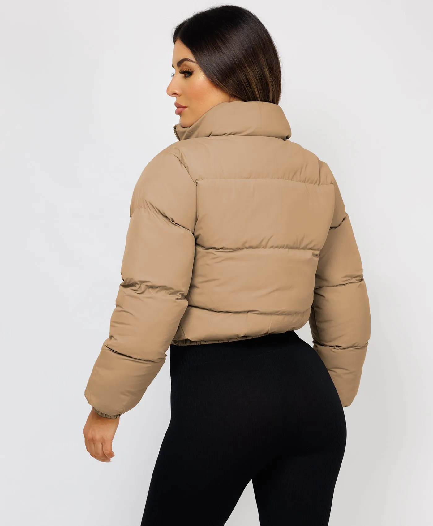 Beige Solid Front Zipper Cropped Padded Puffer Jacket