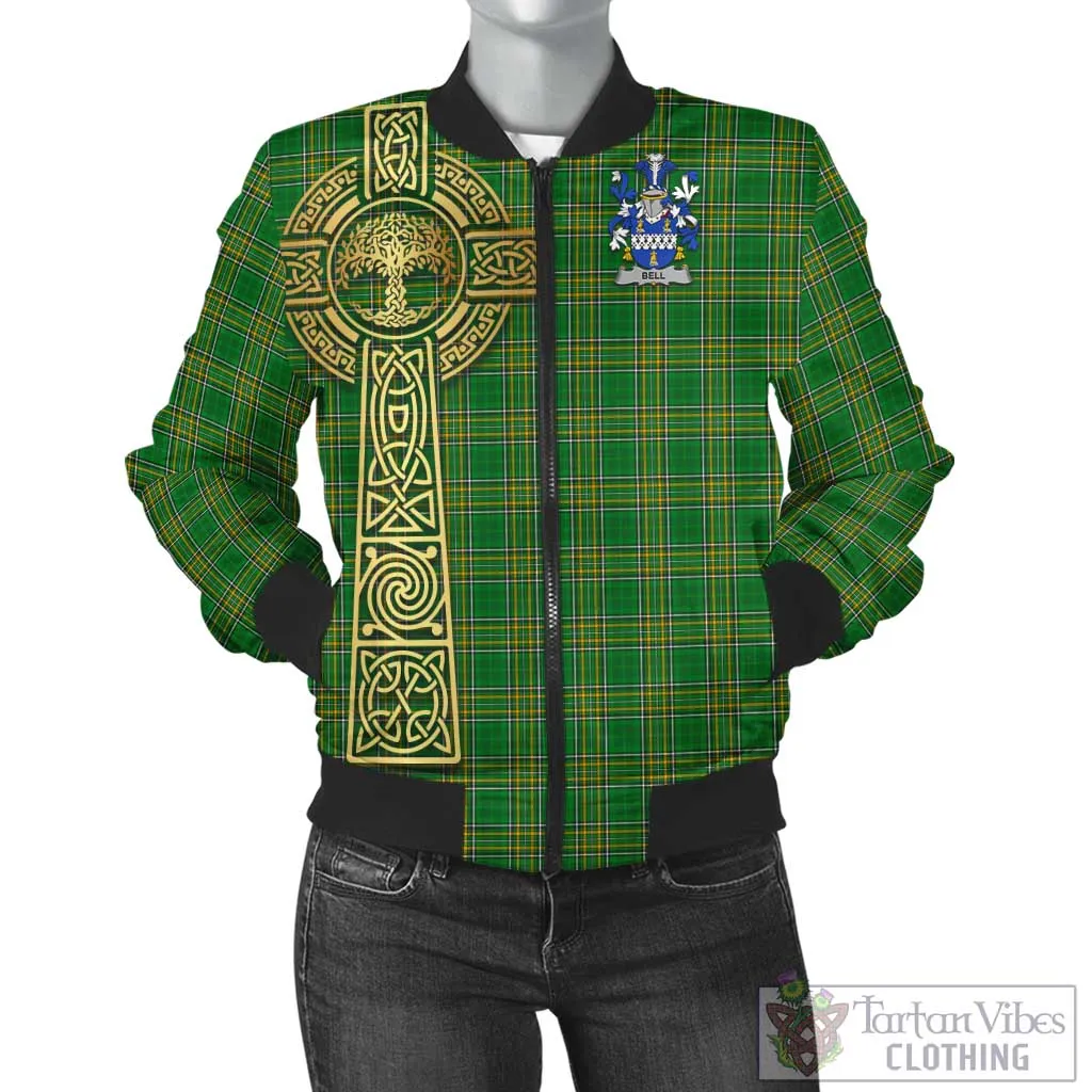 Bell Irish Clan Tartan Bomber Jacket with Coat of Arms Celtic Tree of Life Style