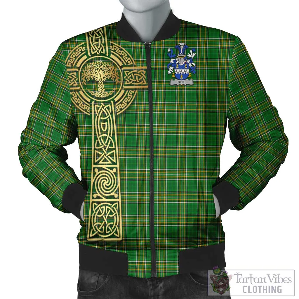 Bell Irish Clan Tartan Bomber Jacket with Coat of Arms Celtic Tree of Life Style