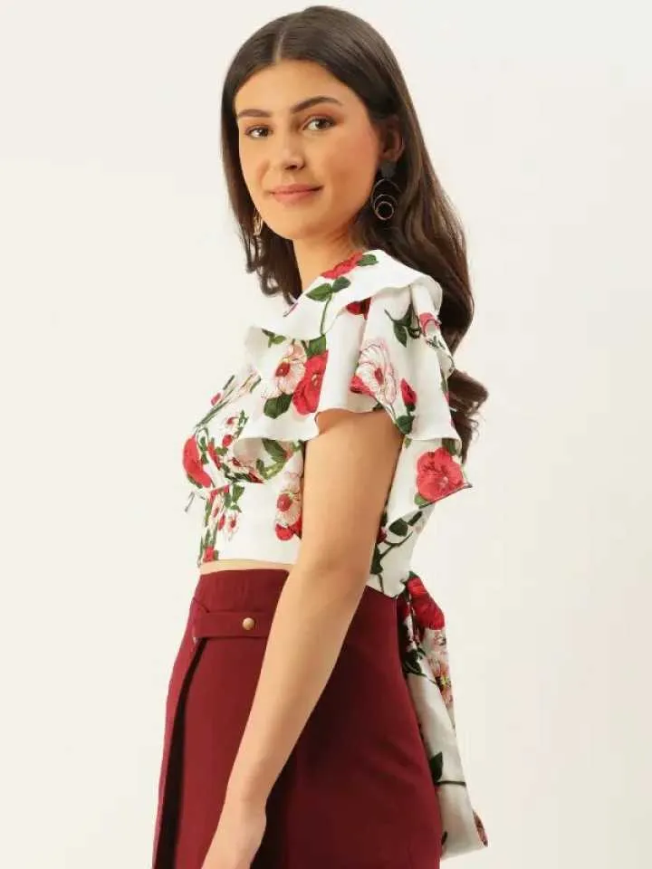 Berrylush Women White & Red Floral Printed Cropped Blouson Top