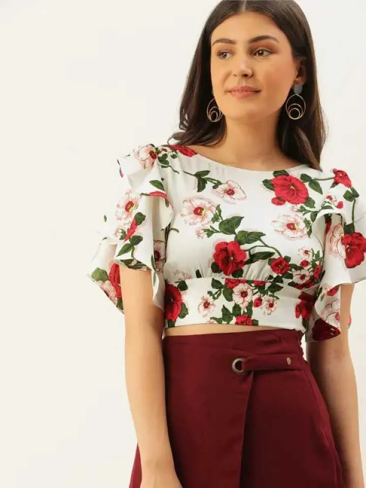 Berrylush Women White & Red Floral Printed Cropped Blouson Top