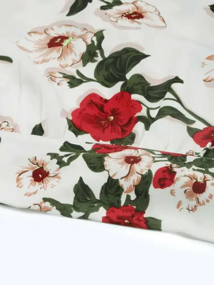 Berrylush Women White & Red Floral Printed Cropped Blouson Top