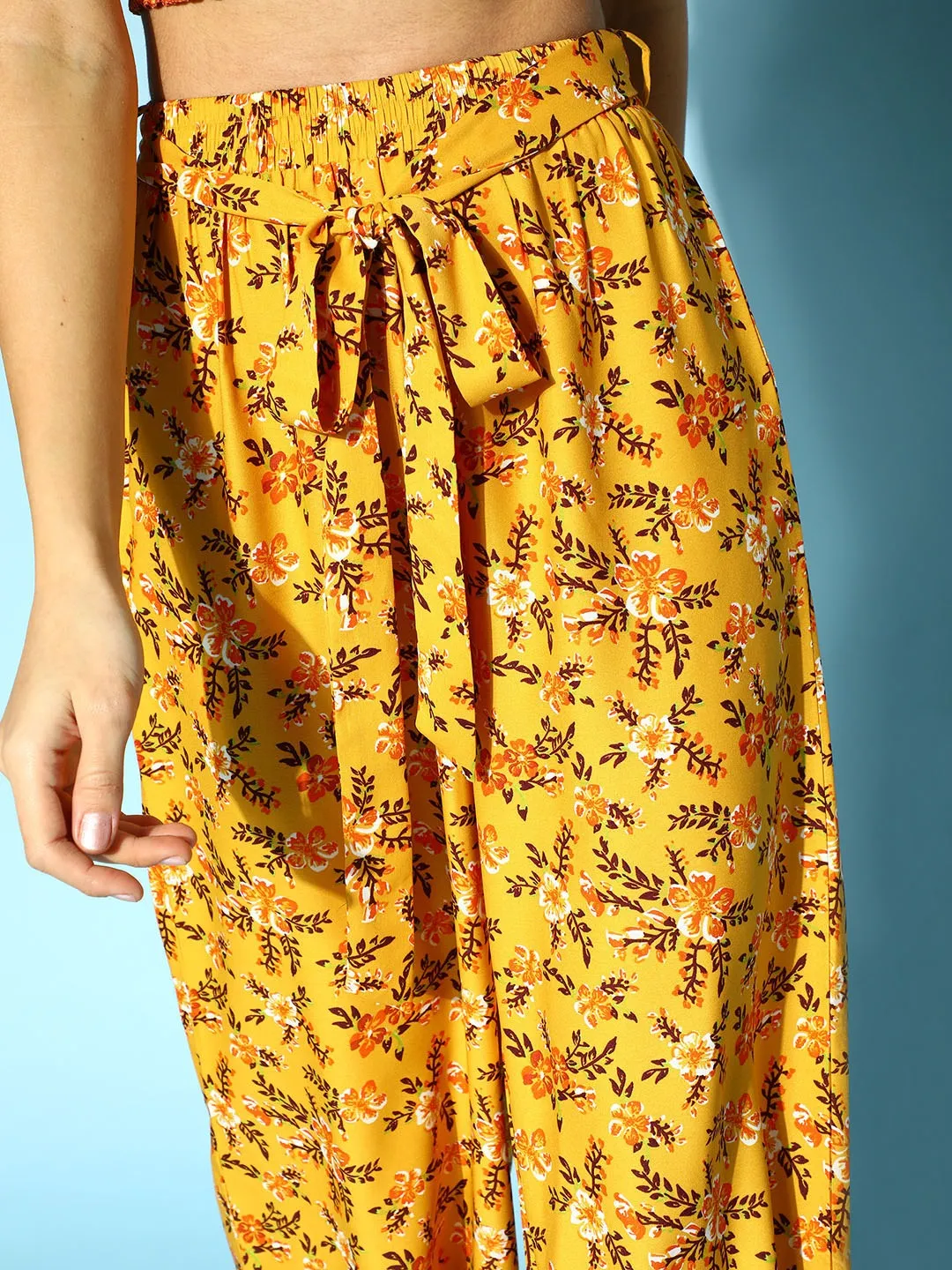 Berrylush Women Yellow & White Floral Printed Round Neck Waist Tie-Up Crop Top & Wide-Leg Trousers Set