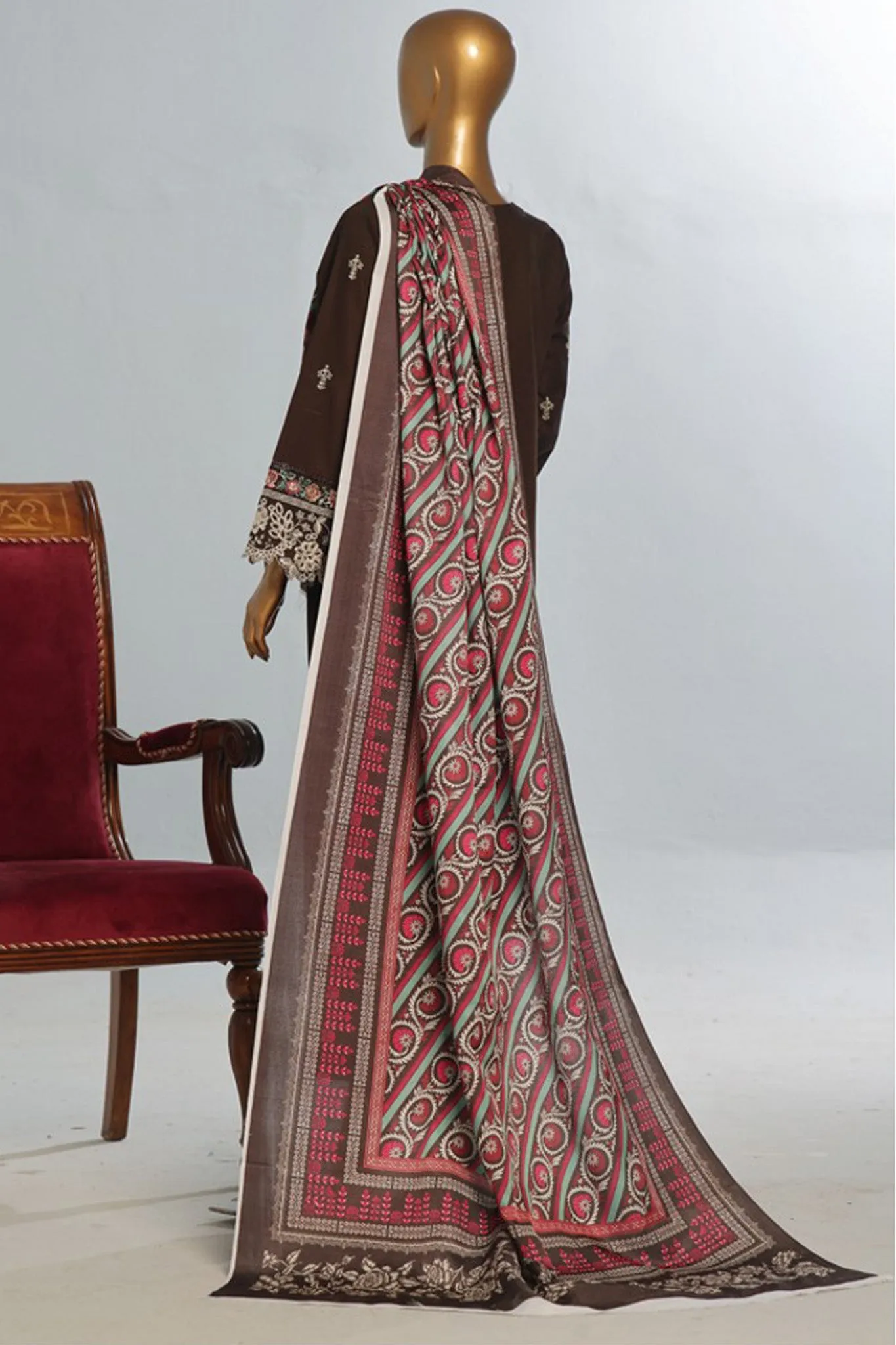 Bin Saeed Stitched 3 Piece Luxury Emb Khaddar With Shawl Collection'2024-WKK-1208-Brown