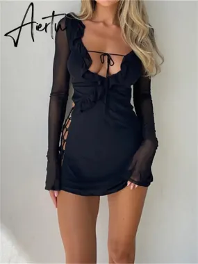 Black Bodycon Dress Spring Summer Sexy Mesh Long Sleeves Ruffles Deep V Tie-Up Short Dress Women Party Streetwear