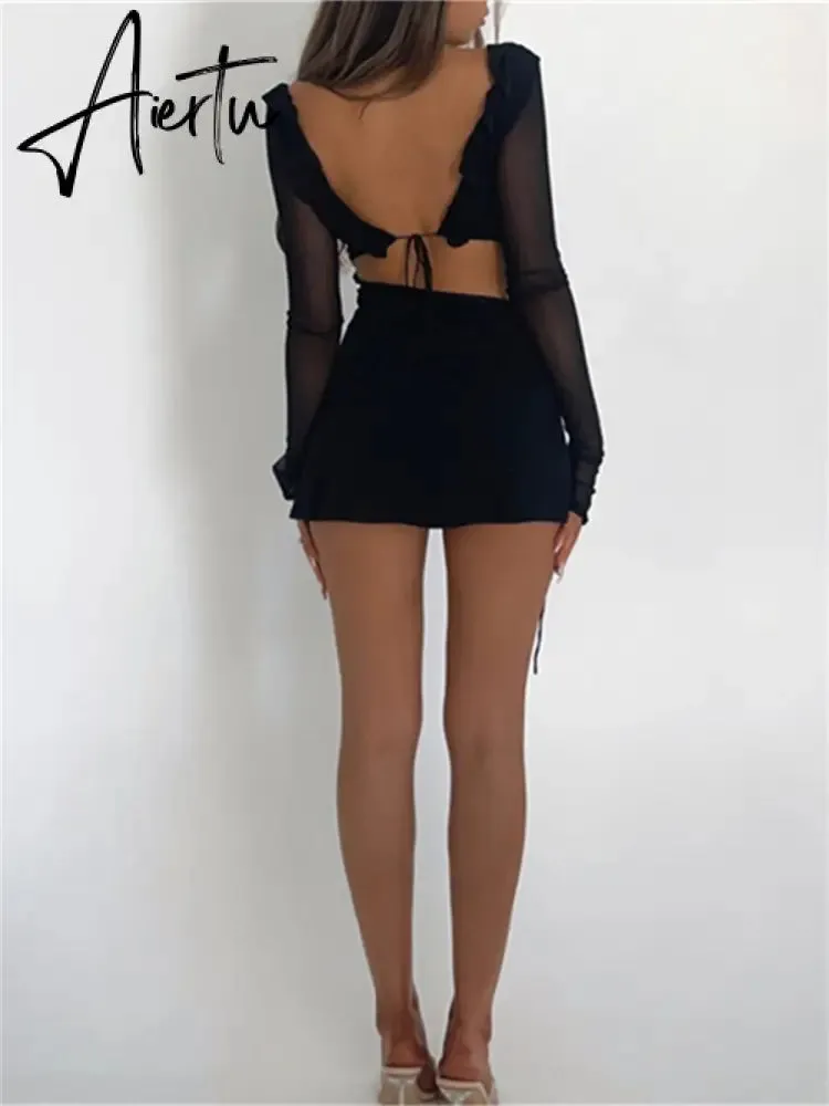 Black Bodycon Dress Spring Summer Sexy Mesh Long Sleeves Ruffles Deep V Tie-Up Short Dress Women Party Streetwear