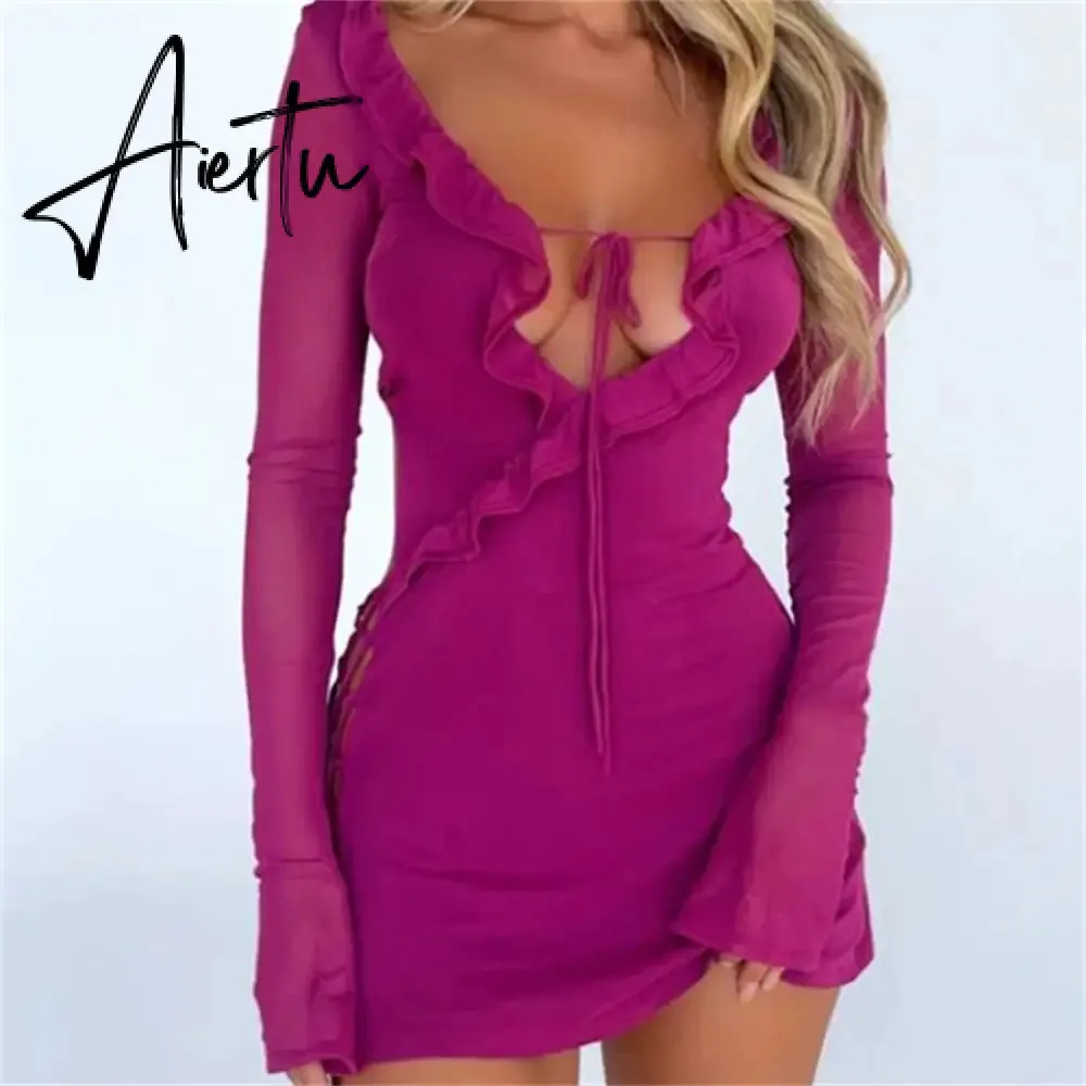 Black Bodycon Dress Spring Summer Sexy Mesh Long Sleeves Ruffles Deep V Tie-Up Short Dress Women Party Streetwear