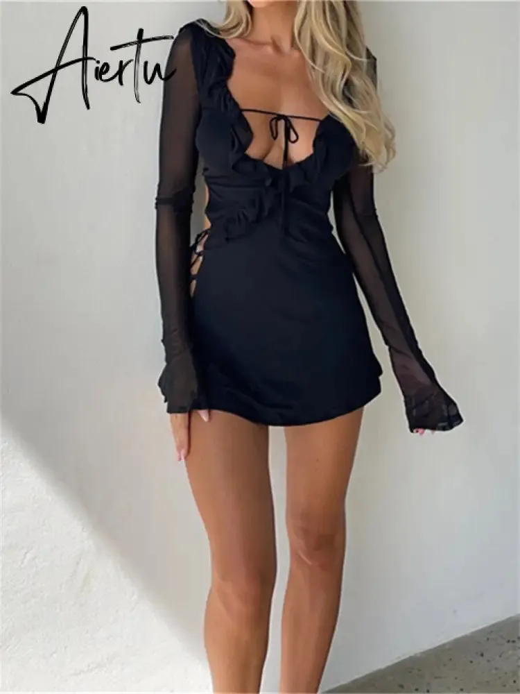 Black Bodycon Dress Spring Summer Sexy Mesh Long Sleeves Ruffles Deep V Tie-Up Short Dress Women Party Streetwear