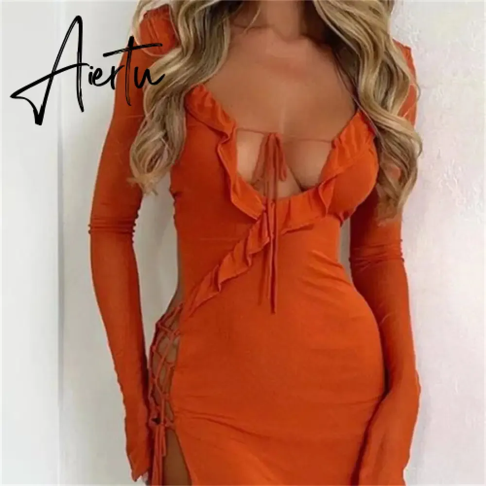 Black Bodycon Dress Spring Summer Sexy Mesh Long Sleeves Ruffles Deep V Tie-Up Short Dress Women Party Streetwear