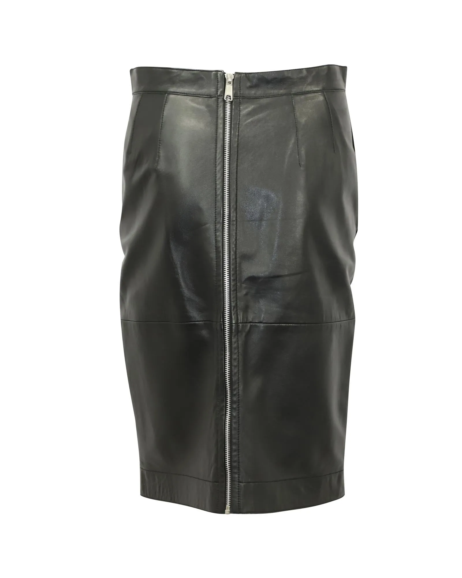 Black Leather Pencil Skirt with Panel Detailing and Exposed Back Zipper