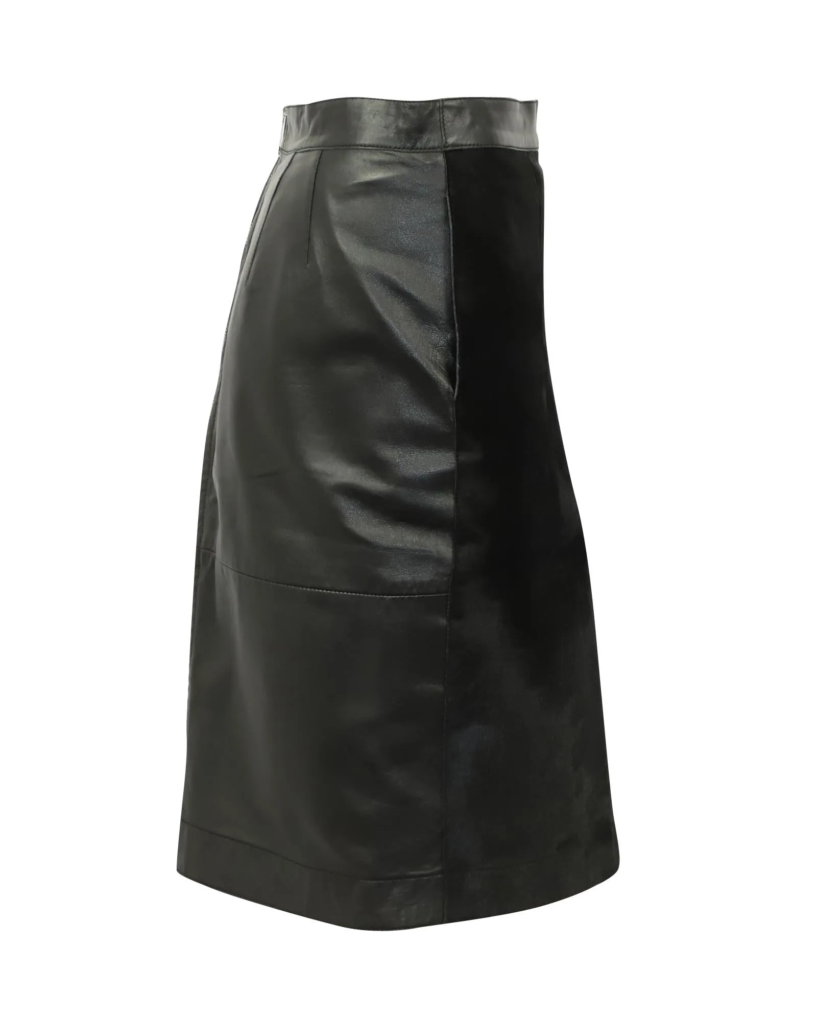 Black Leather Pencil Skirt with Panel Detailing and Exposed Back Zipper