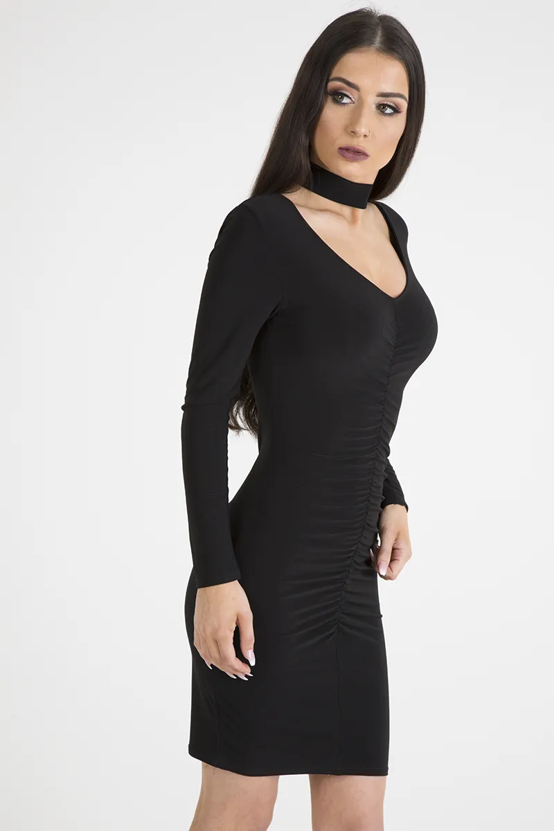 Black Ruched Choker Bodycon Dress - Primrose