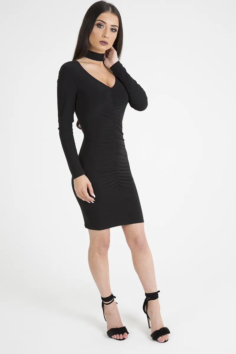 Black Ruched Choker Bodycon Dress - Primrose