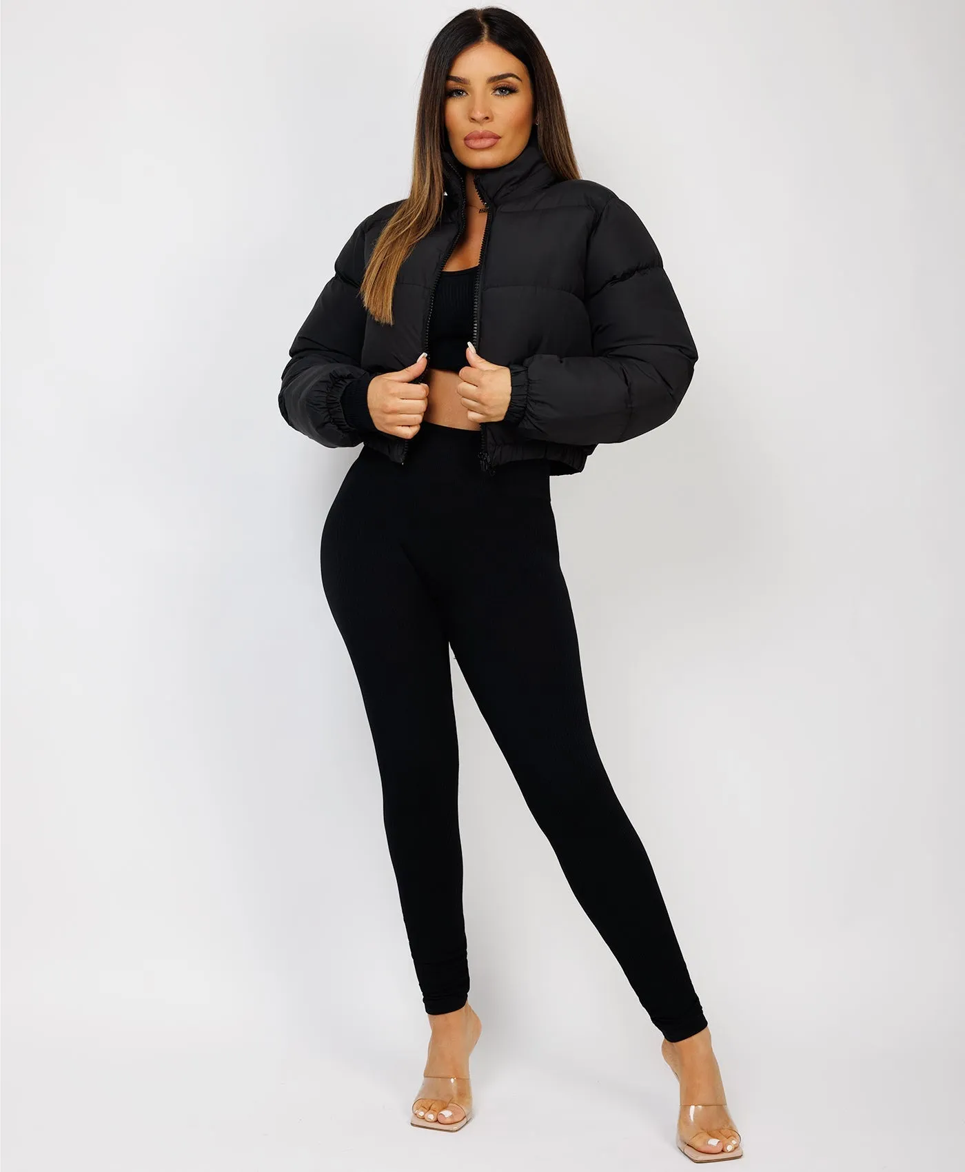 Black Solid Front Zipper Cropped Padded Puffer Jacket