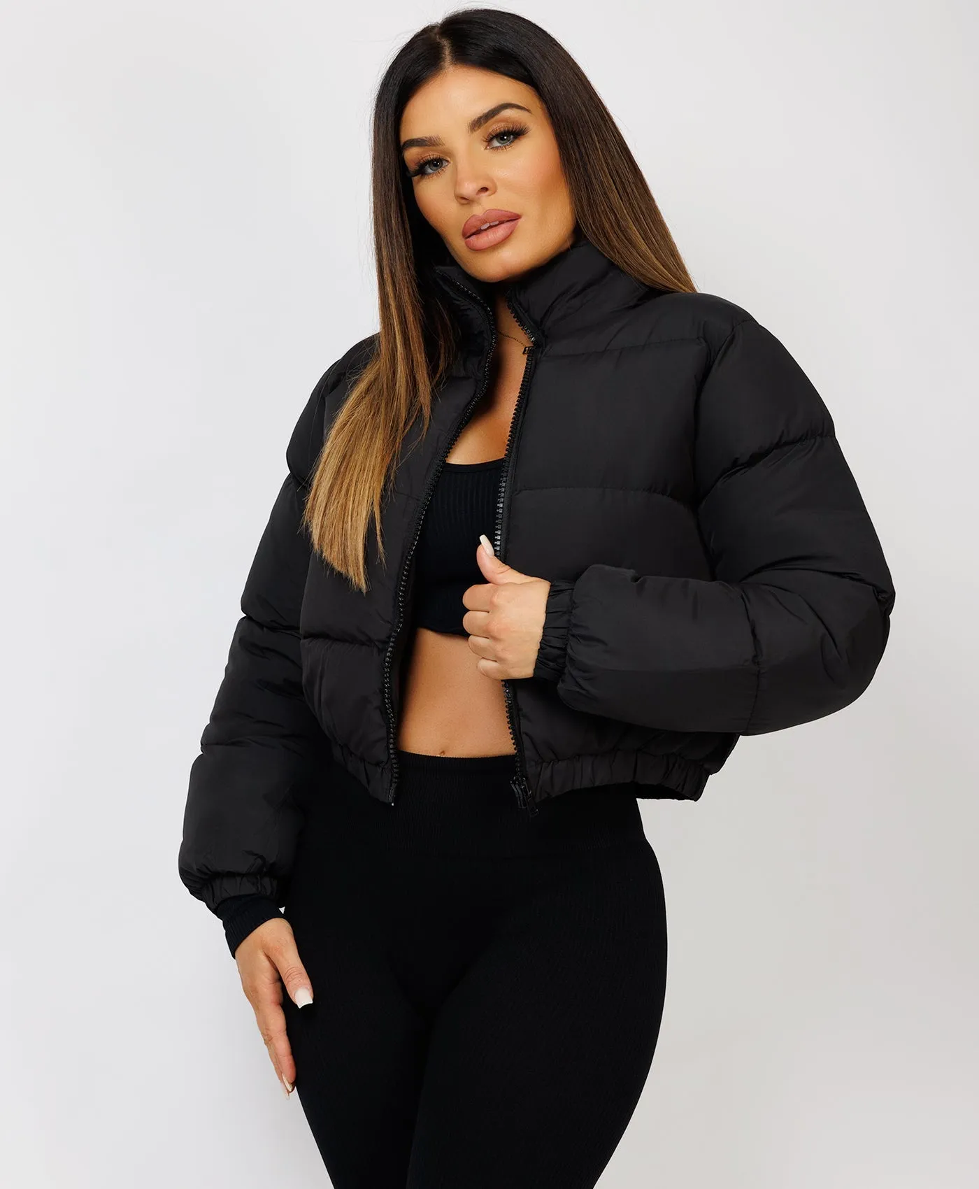 Black Solid Front Zipper Cropped Padded Puffer Jacket