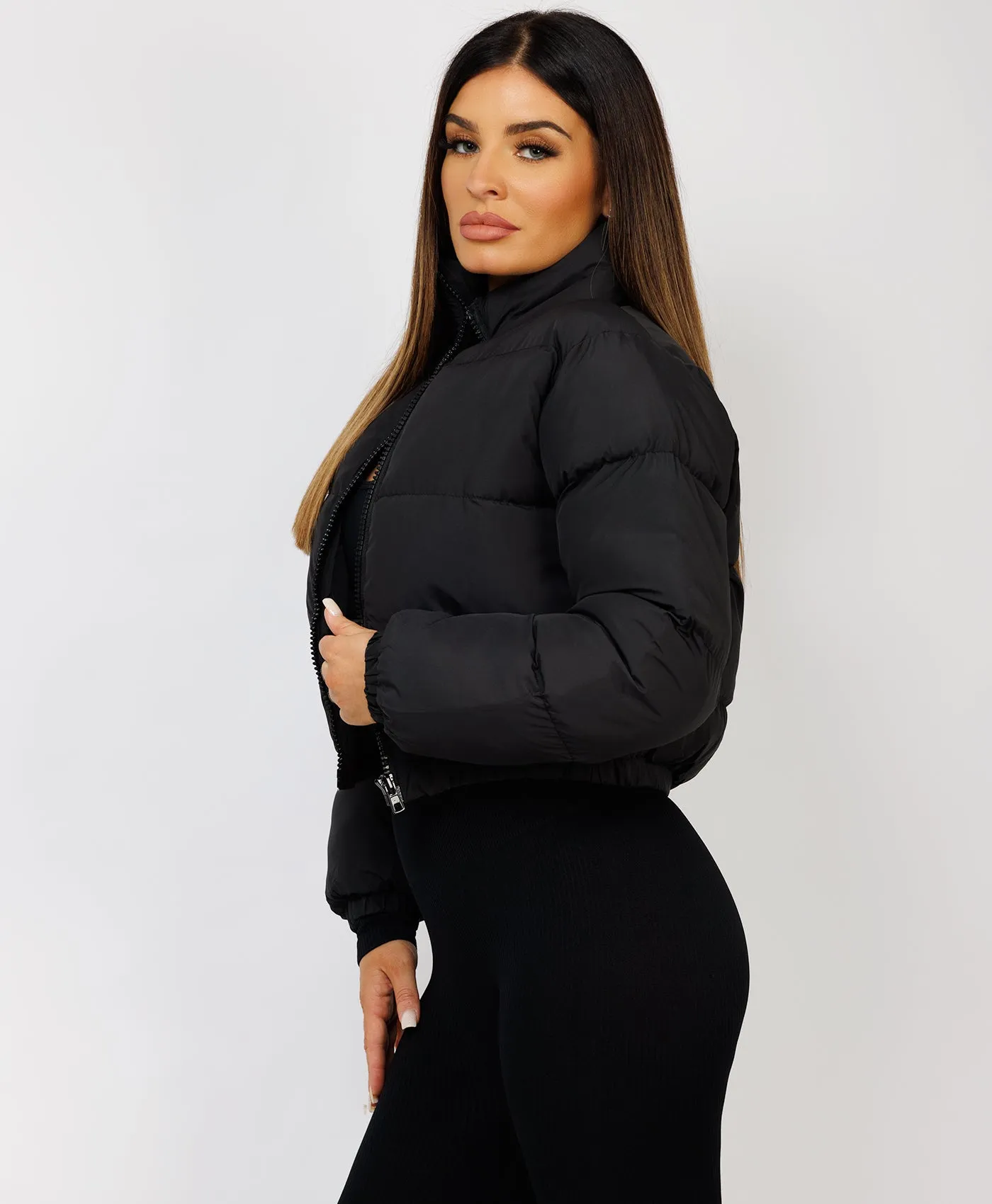 Black Solid Front Zipper Cropped Padded Puffer Jacket