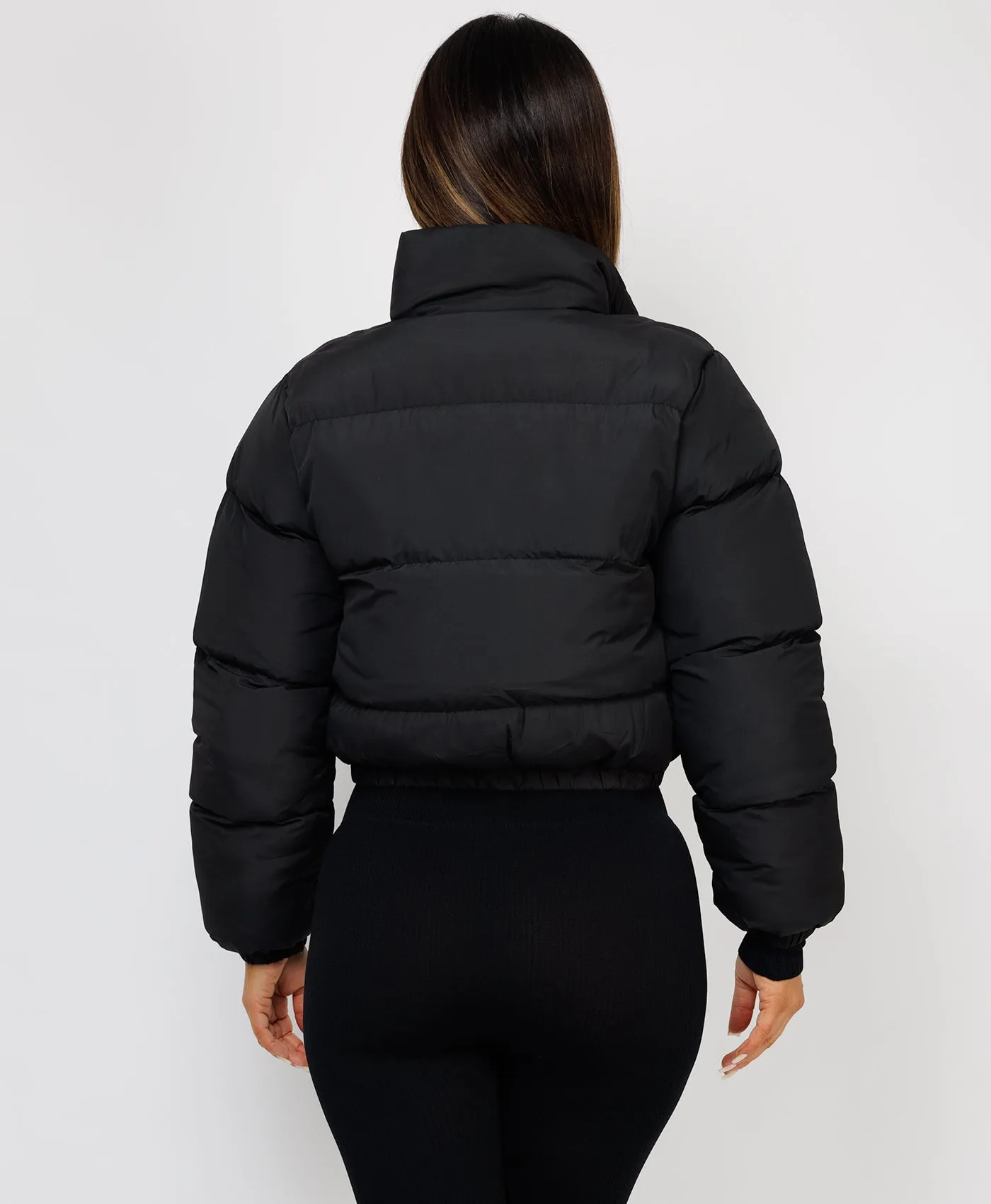 Black Solid Front Zipper Cropped Padded Puffer Jacket