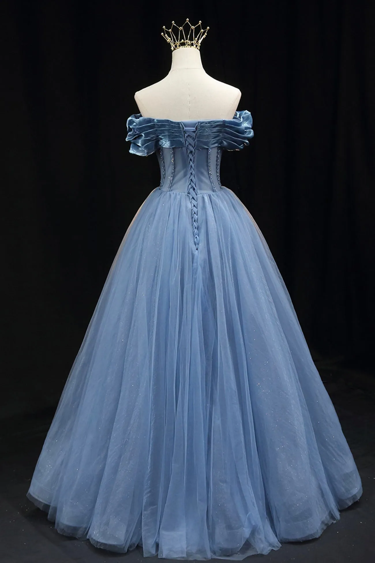 Blue Sweetheart Tulle Long Formal Dress, Off the Shoulder Evening Graduation Dress