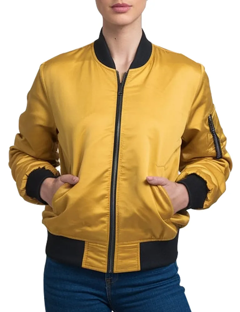 Bold Yellow Satin Bomber Jacket With Black Accents