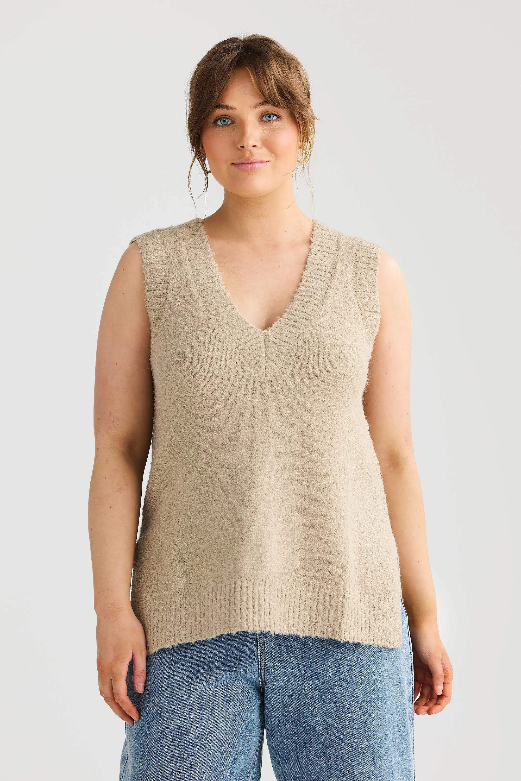 Boucle V-Neck Vest - Stone