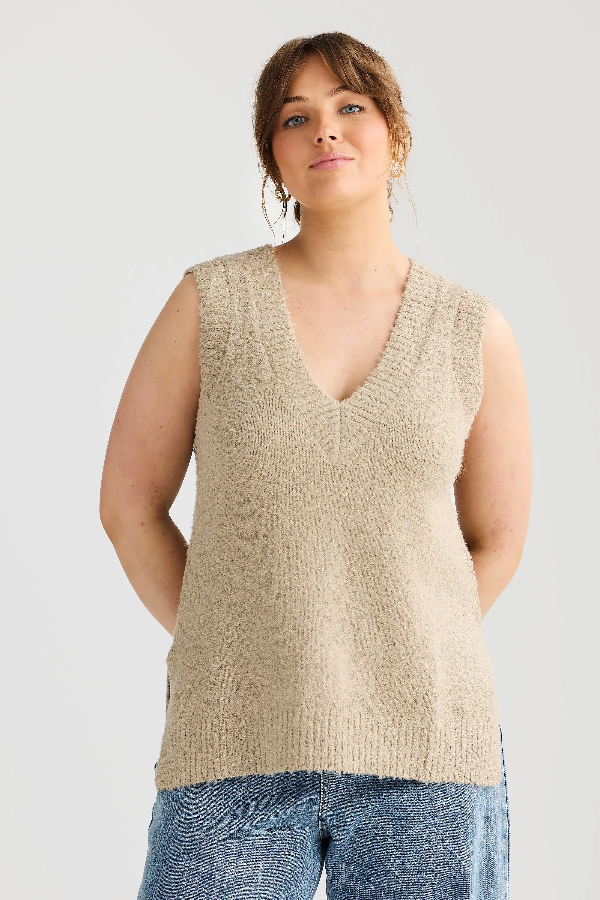 Boucle V-Neck Vest - Stone