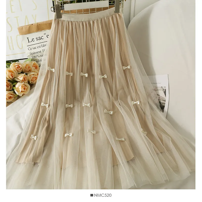 Bow Decorative High Waist medium length yarn skirt for women  2495