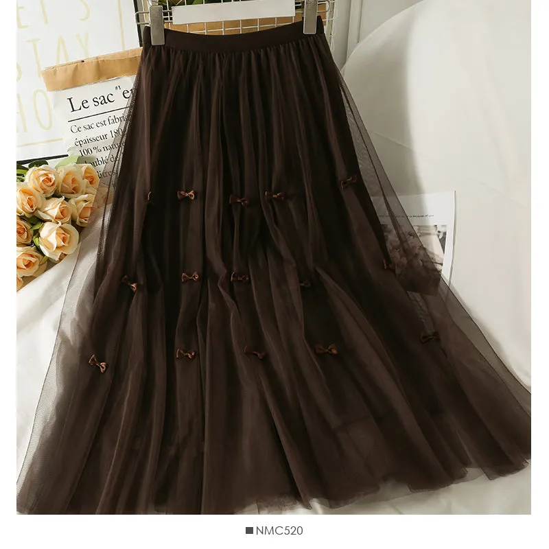 Bow Decorative High Waist medium length yarn skirt for women  2495