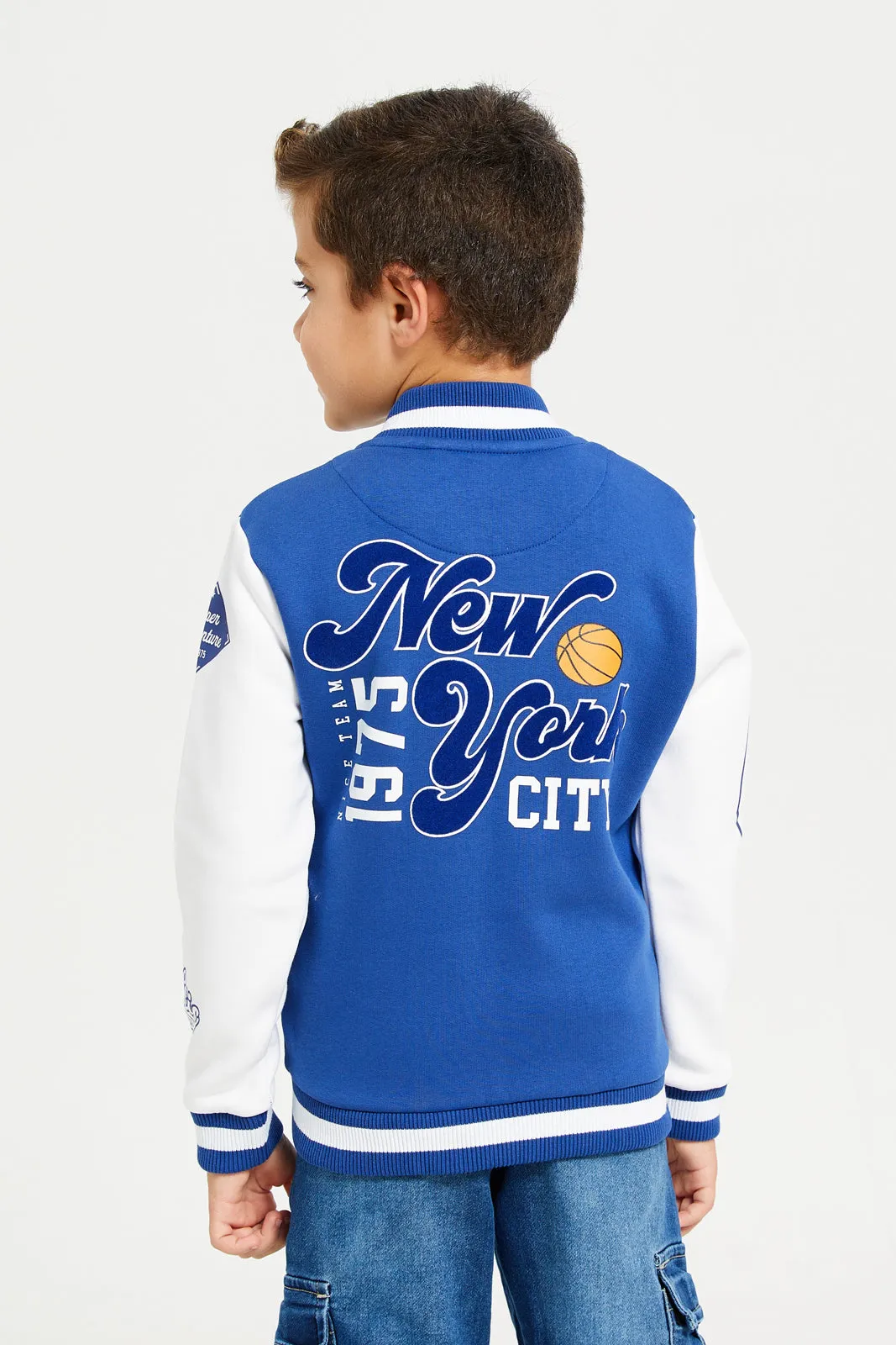 Boys Navy And White Bomber Front Open Sweatshirt