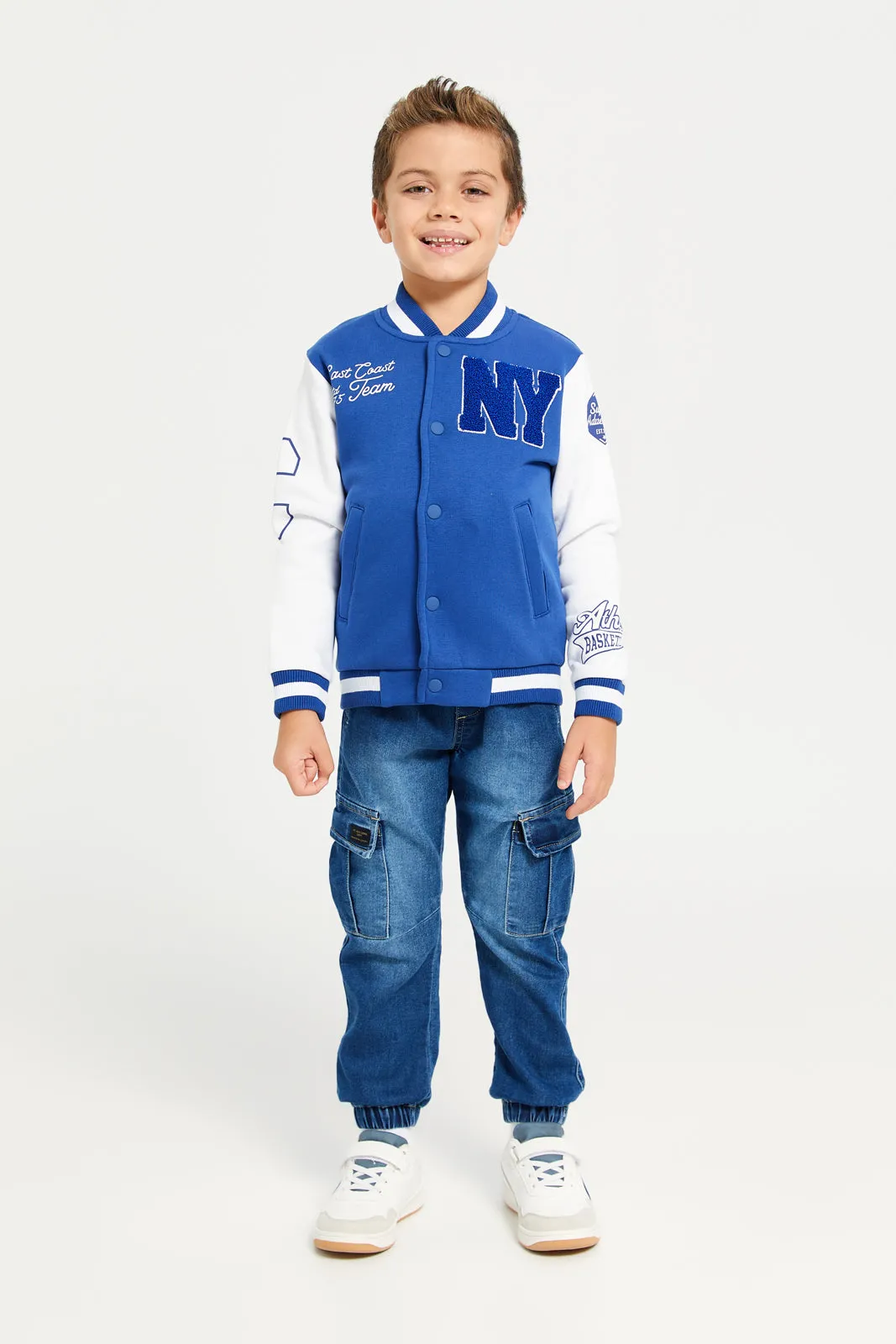 Boys Navy And White Bomber Front Open Sweatshirt