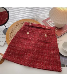 Bright silk tweed short skirt women's Retro Plaid high waist A-shaped skirt  5510