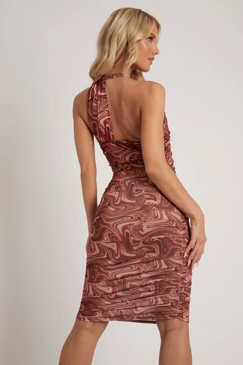 Brown Marble Print Halter Neck Midi Dress - Dottie