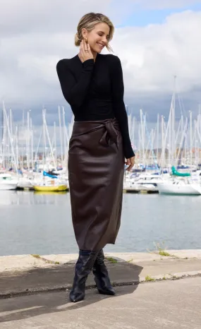 Brown PU Tie Waist Midaxi Skirt by Vogue Williams