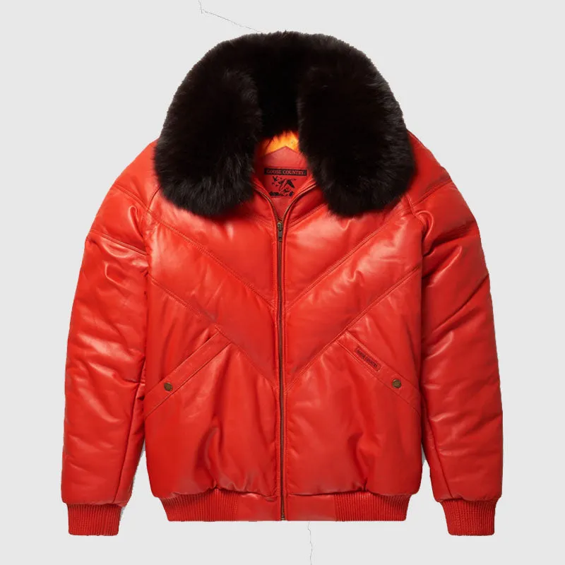 Buy High Quality Orange Leather V-Bomber Jacket Best Sale For Men