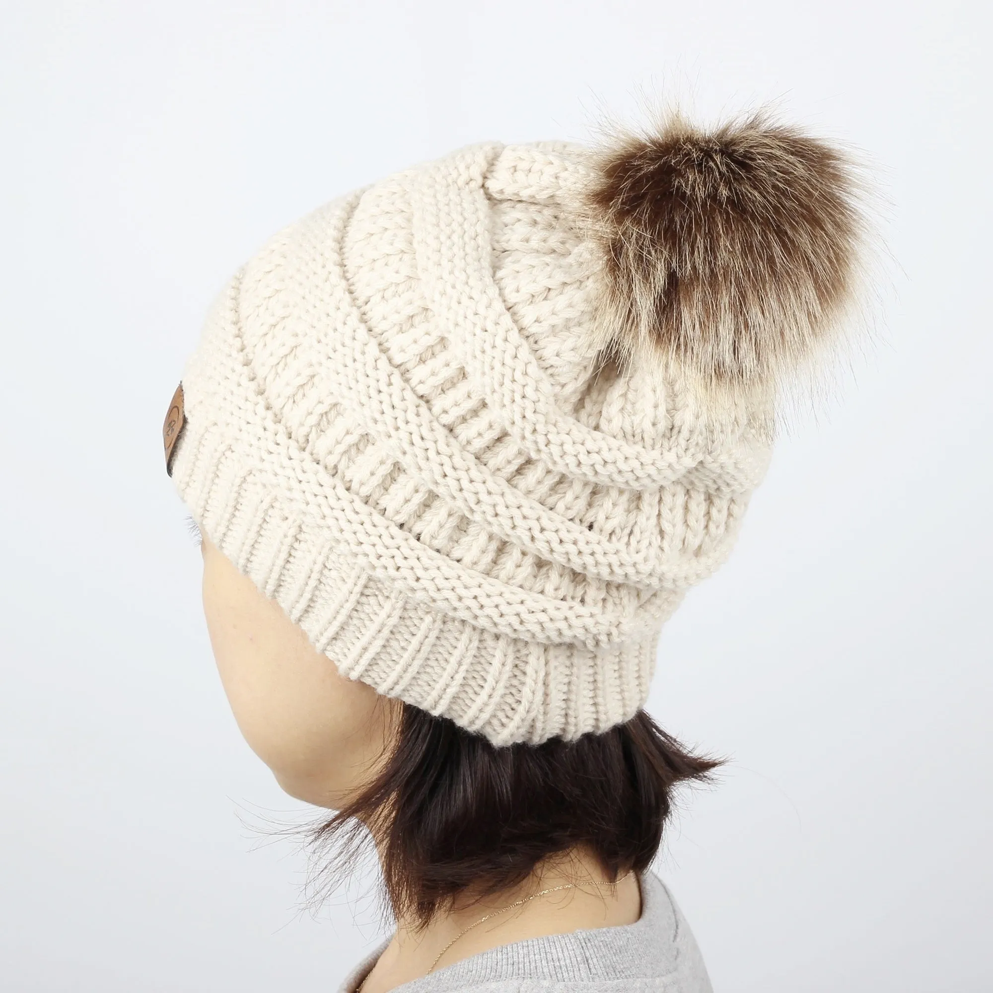 Cable Knit Ribbed Pom Beanie Winter Hat Slouchy Cap HZP0030