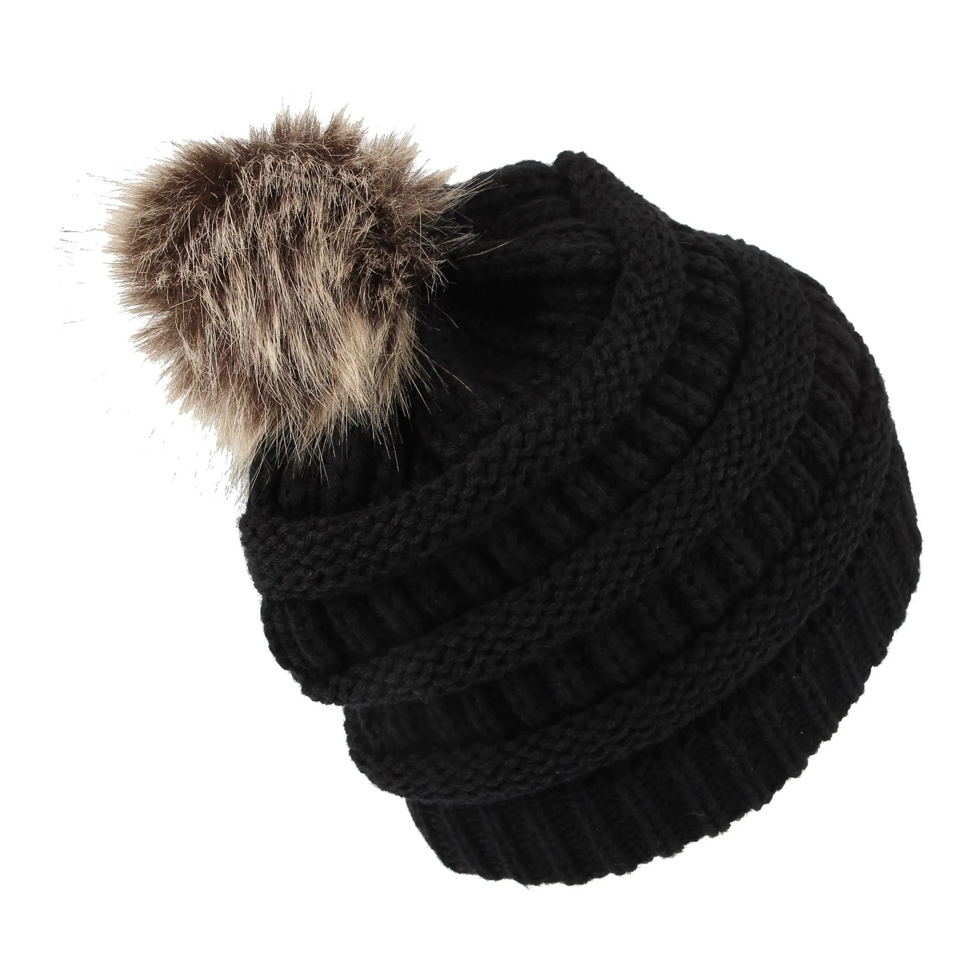 Cable Knit Ribbed Pom Beanie Winter Hat Slouchy Cap HZP0030