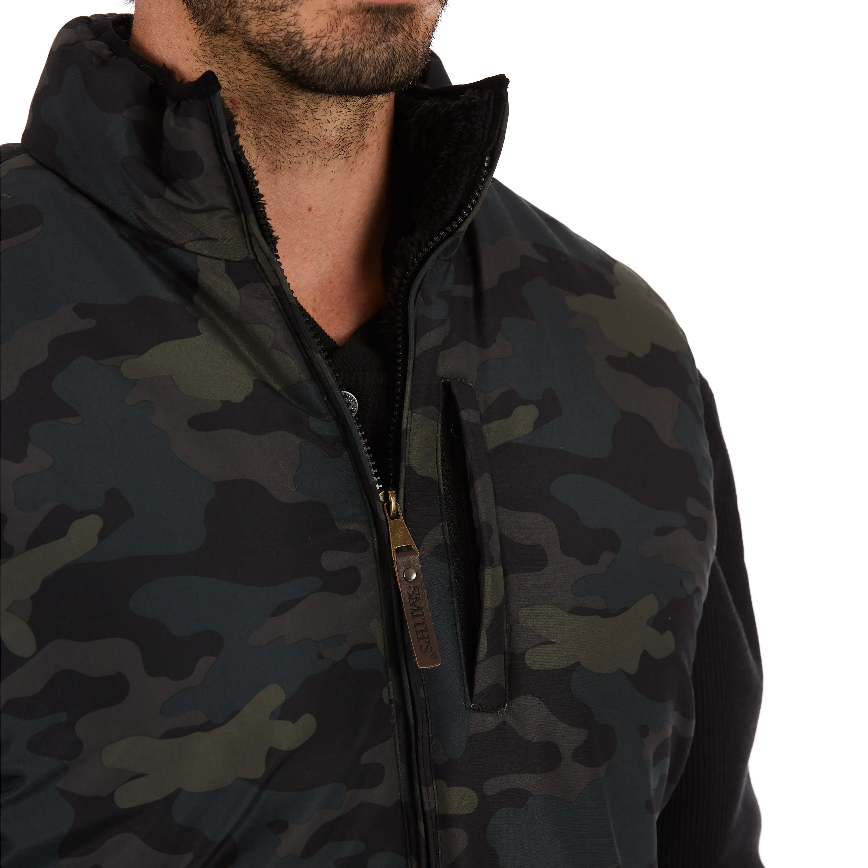 CAMO PRINTED SHERPA-LINED VEST