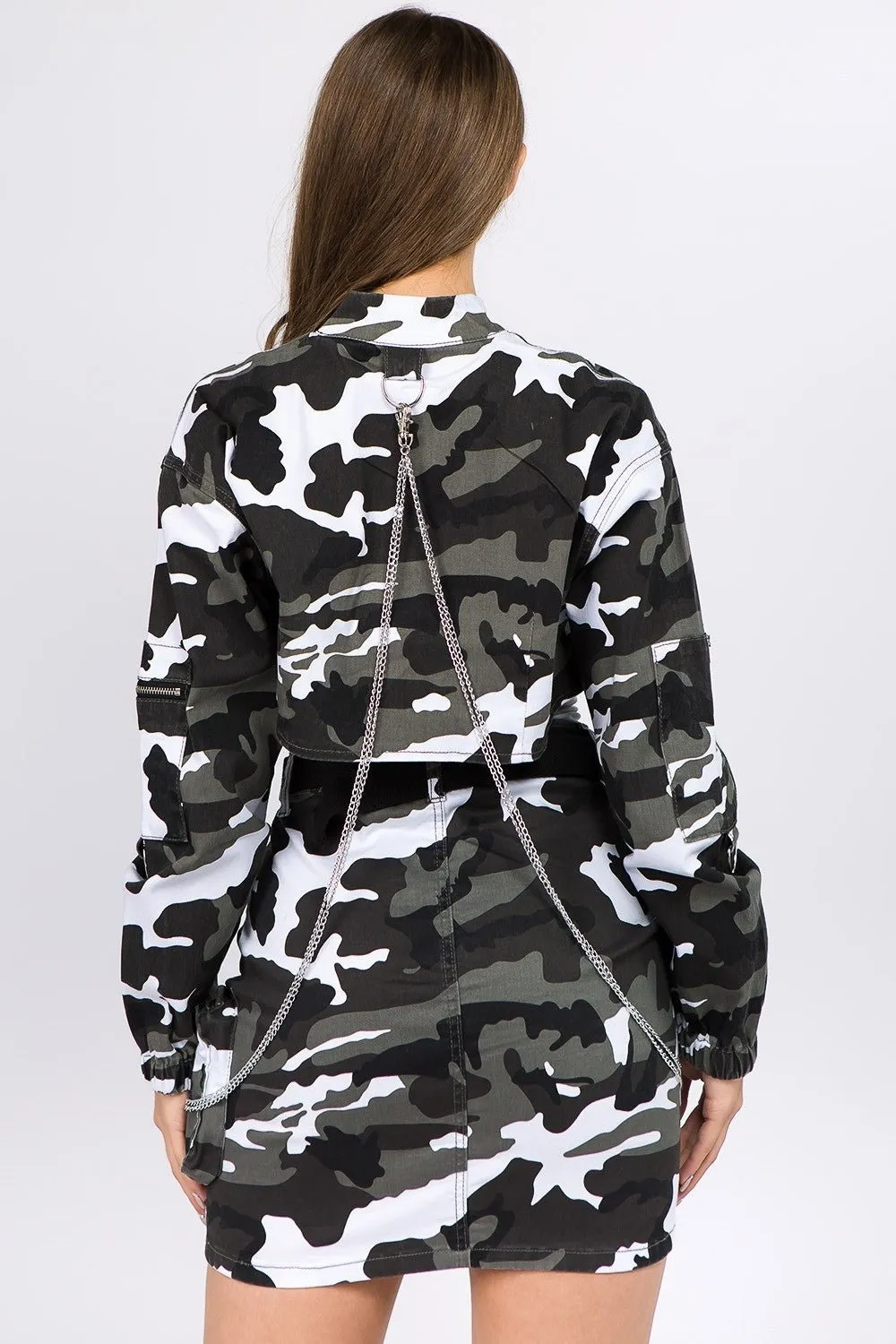 City Camouflage Cropped Denim Jacket with Chains