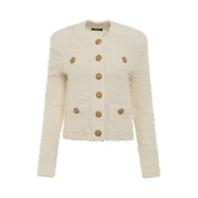 Collarless 4 Pockets Buttoned Tweed Jacket in Natural