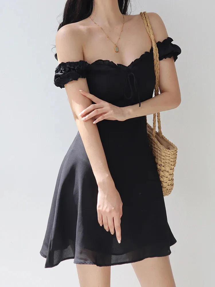 Color Summer Bodycon Slim Sweet Puff Neck Women's Solid Sleeve Casual Lace-Up Backless Sexy Square Dress Dress