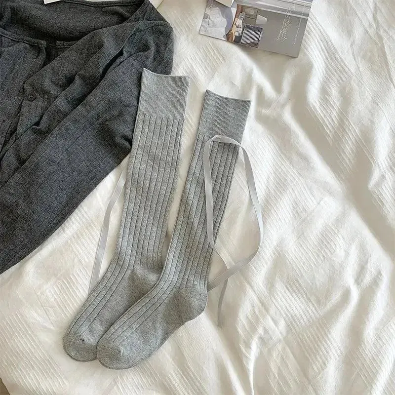 Cozy Grey Sheer Knee High Socks with Stylish Ribbon Ties- KawaSocks