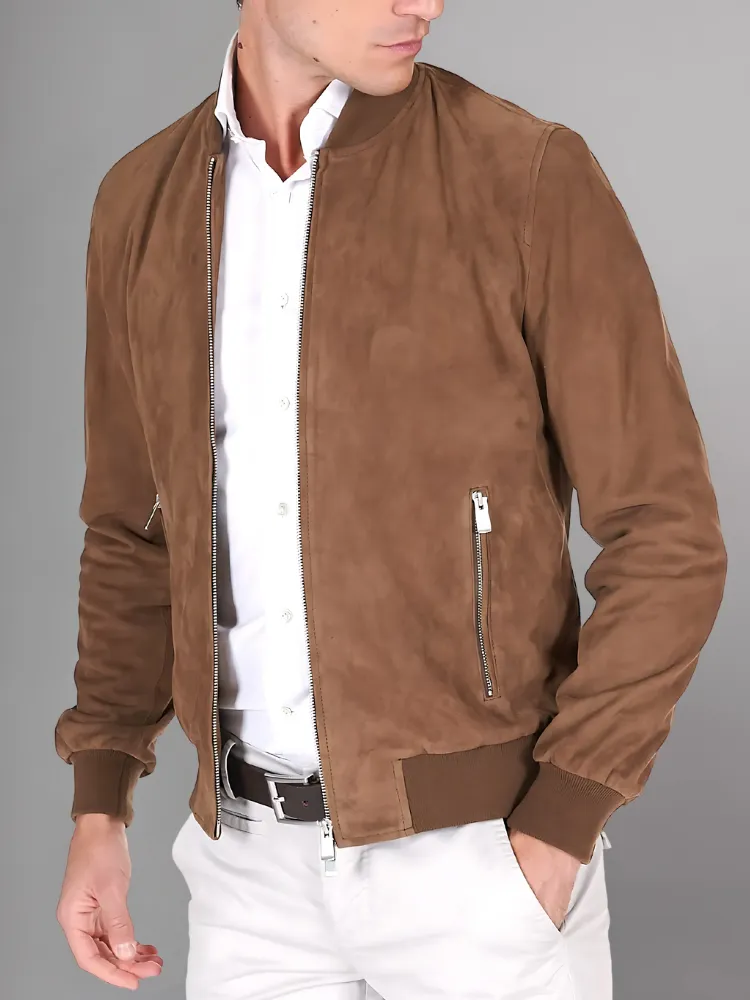 Dark brown suede leather bomber jacket