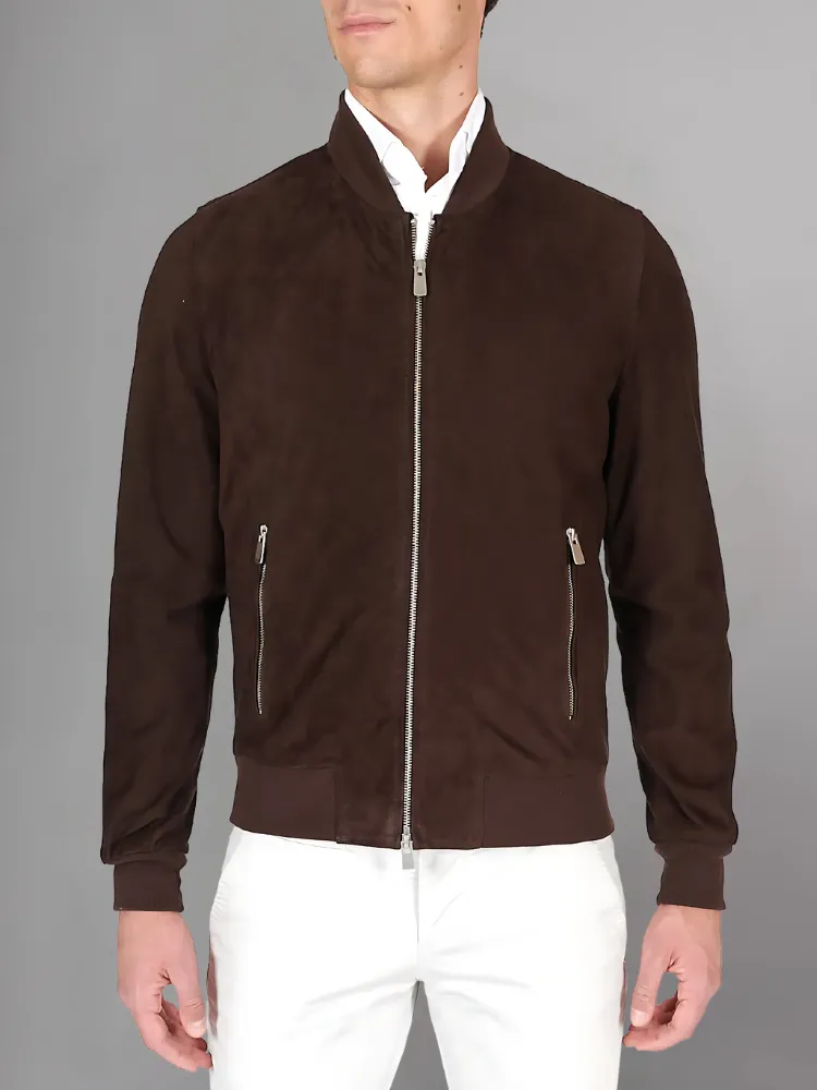 Dark brown suede leather bomber jacket