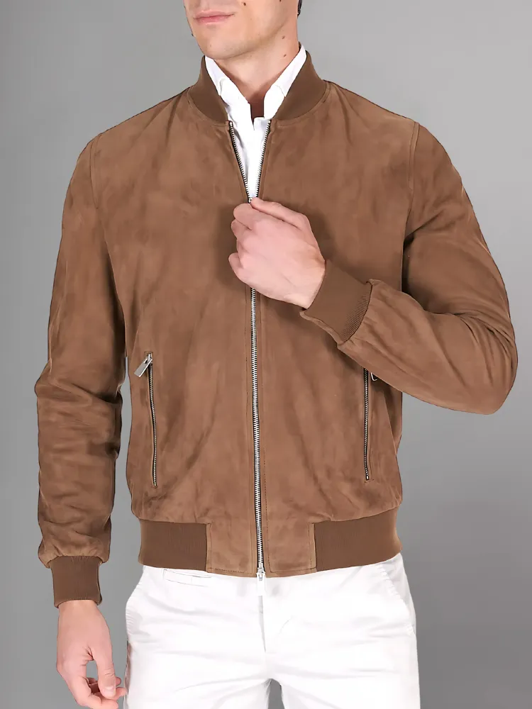 Dark brown suede leather bomber jacket